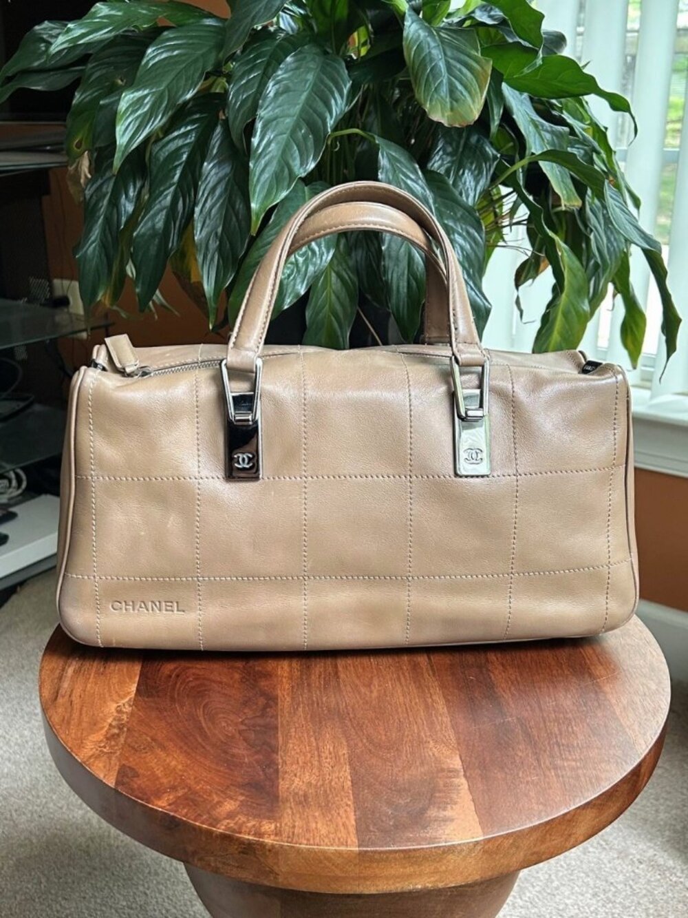 CHANEL Chocolate Bar Boston Bag, Taupe Tan